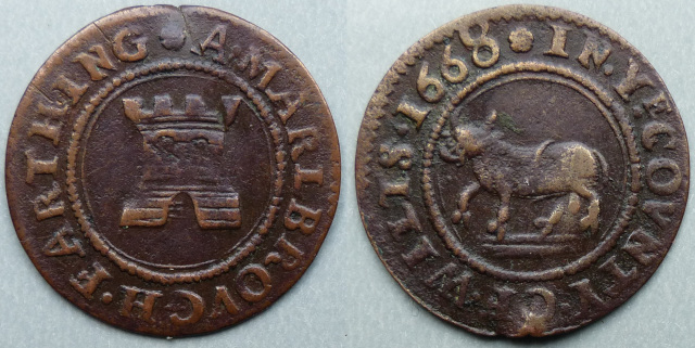 Marlborough, town issue 1668 farthing four turrets N5505